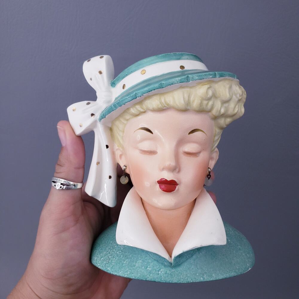 Vintage 1959 Napco Lady Head Vase C3959C Lucille Ball Lucy Aqua Hat 5" Japan - Picture 11 of 13